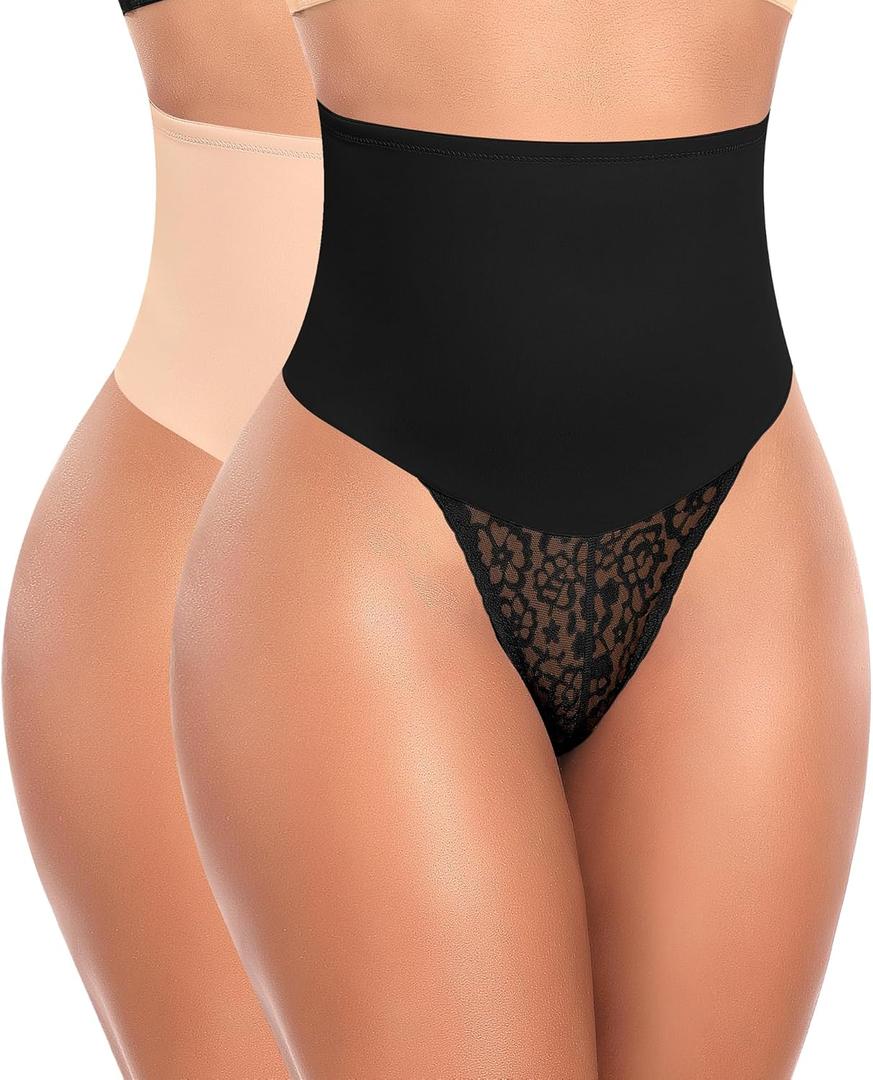 Werena Tummy Control Thong Shapewear for Women High Waist Body Shaper Panties Girdle Lace Shaping Underwear (Large, A# Black+Beige)