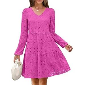 ANRABESS Long Sleeve V Neck Dresses for Women Eyelet Hollow Out Business Casual Tiered 2026 Fall Mini Dress with Pockets Hot Pink X-Large