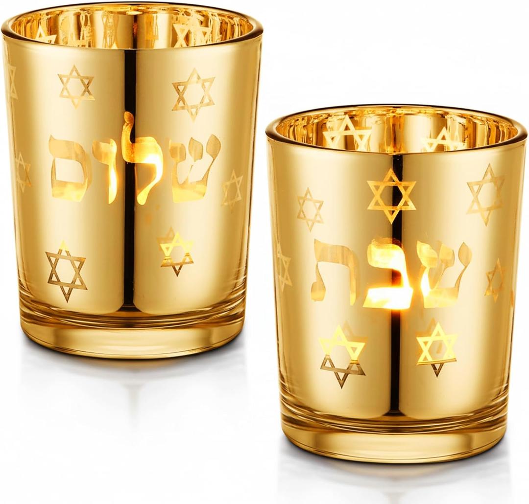 Honeydak Set of 2 Shabbat Candles Holders Gold Jewish Judaica Gift Set Electroplated Glass Modern Shabbat Candlestick Holders for Tea Lights Hanukkah Gifts