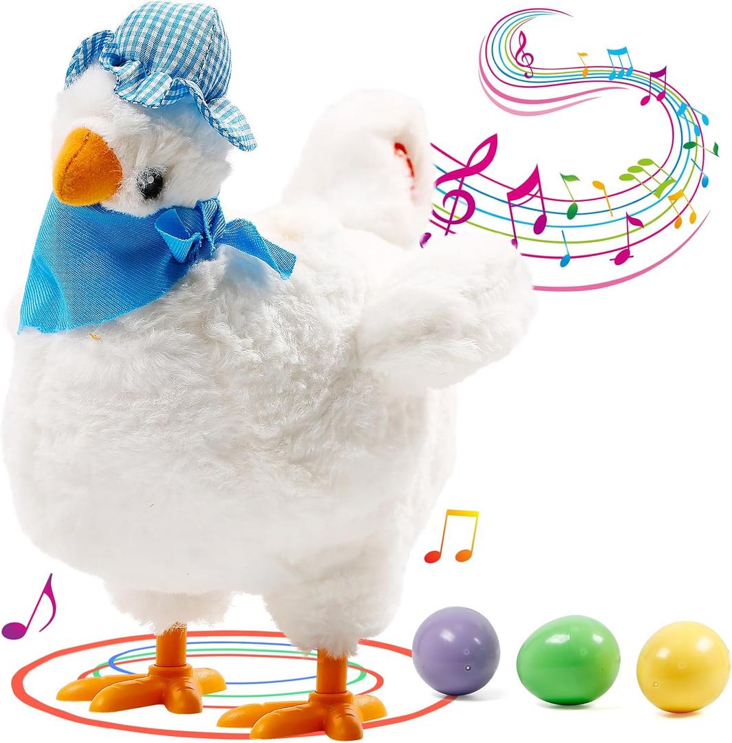 dgdgcool Easter Toys Egg Laying Chicken Toy Electric Chicken Stuffed Animal Dancing Stuffed Plush Toy with Music (White)