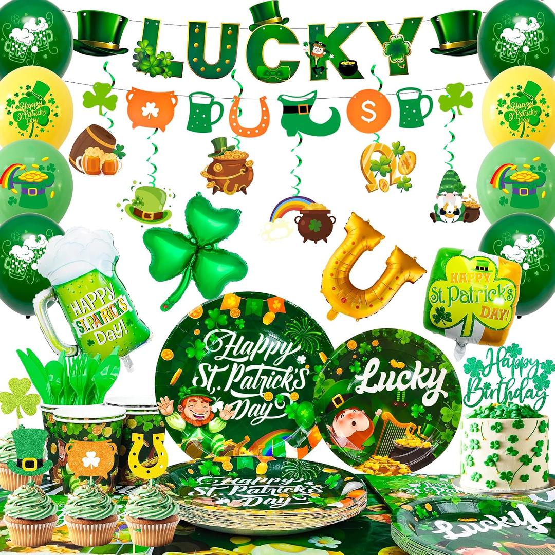 10 Guests St Patricks Party Tableware, 117pcs St. Patricks Day Party Supplies Set Including St Patricks Party Plates Tablecloth Napkins Balloons etc St. Patrick's Party Decorations