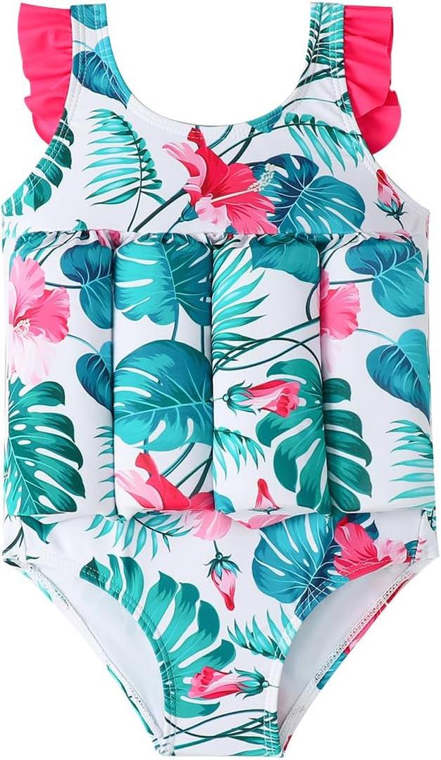 IDOPIP Kids Boys Girls Floatation Swimsuit with Adjustable Buoyancy Baby Float Suit Swim Vest One Piece Swimwear Bathing Suit (12-18 Months, Green Leaves)