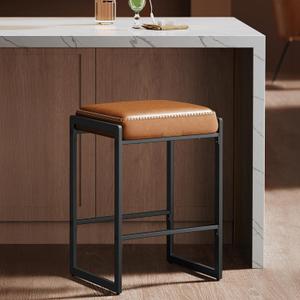 VASAGLE EKHO Collection - Bar Stool, Counter Height Bar Stool, Synthetic Leather with Stitching, Mid-Century Modern Counter Barstool, 26-Inch Tall, Kichen Home Bar Dining Room, Caramel Brown (Set of 1)