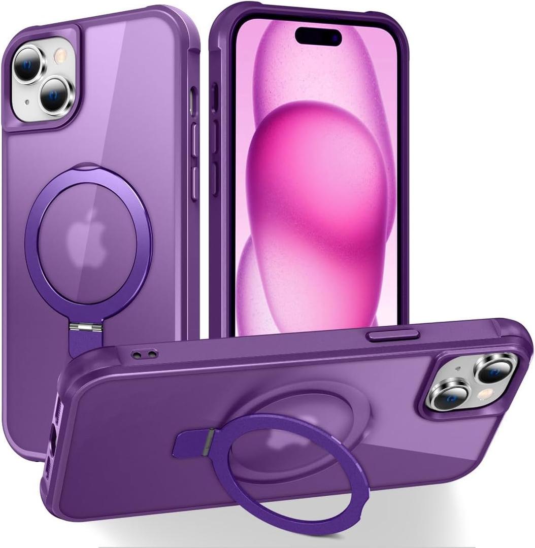 Hocase for iPhone 15 Case 6.1", with Magnetic Ring Stand [Compatible with MagSafe] [Military Grade Protection] Slim Shockproof Translucent Protective Phone Case - Purple