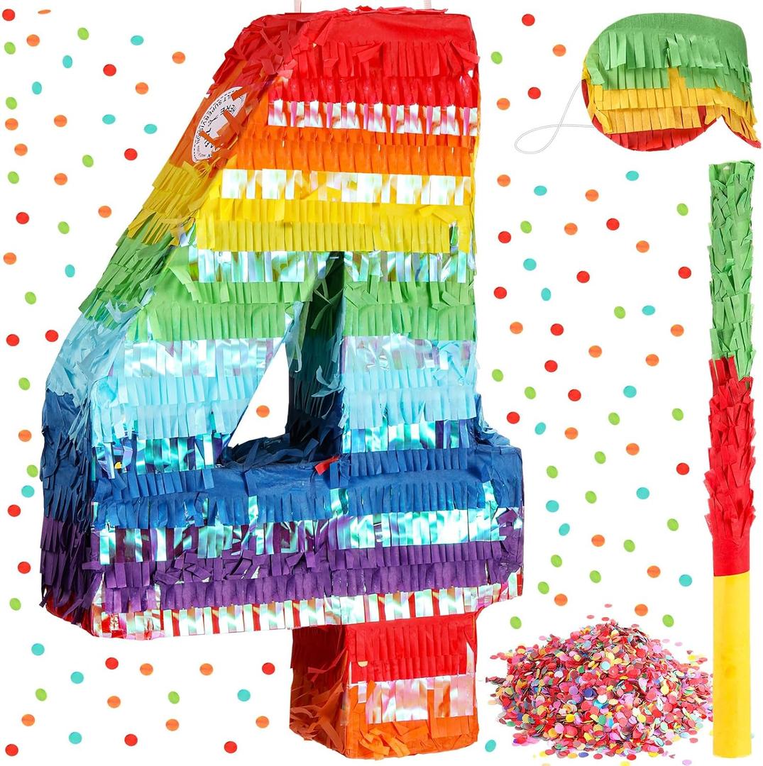 Poen Rainbow Mexican Number Piata for Kids with Blindfold Stick and Confetti Birthday Party Decoration Piata for Anniversary Cinco de Mayo Fiesta Party Decor(Number 4)