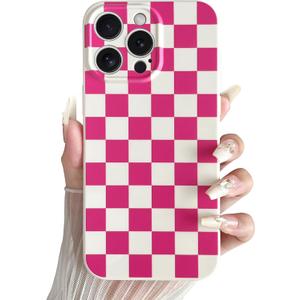 Skyseaco Compatible with iPhone 16 Pro Max Case Cute Checkerboard Checkered Pattern Design Soft Slim TPU Phone Case Shockproof Full Camera Protection for Women Girls - Hot Pink