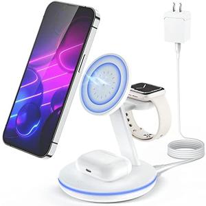 3 in 1 Charging Station for Apple Devices,Fast Mag-Safe Charger Stand,Magnetic Wireless Charger for iPhone 16 15 14 13 12 Series & Apple Watch 10 9 8 7 6 5 4 3 2 SE & Airpods 4 3 2 Pro(White)