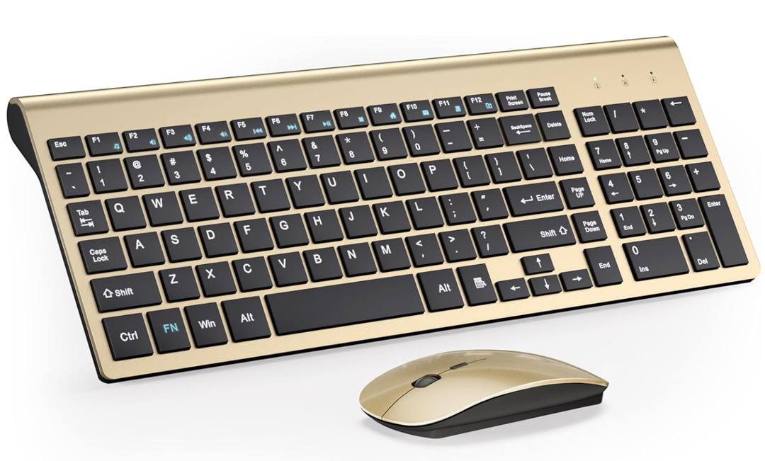 Wireless Keyboard and Mouse Ultra Slim Combo, TopMate 2.4G Silent Compact USB 2400DPI Mouse and Scissor Switch Keyboard Set with Cover, Batteries Included, for PC/Laptop/Windows/Mac - Gold Black