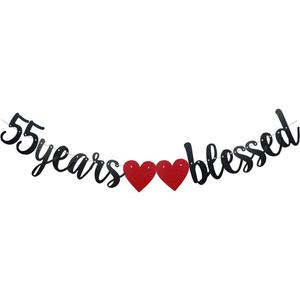 55 Years Blessed Banner,Pre-Strung, Black Paper Glitter Party Decorations For 55TH Wedding Anniversary 55 Years Old 55TH Birthday Party Supplies Letters Black ZHAOFEIHN
