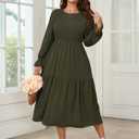 SHESTARR Women's Plus Size Dress Long Sleeve Crewneck Smocked Tiered Flowy Boho Wedding Party Maxi Dresses (Green, XXXL)