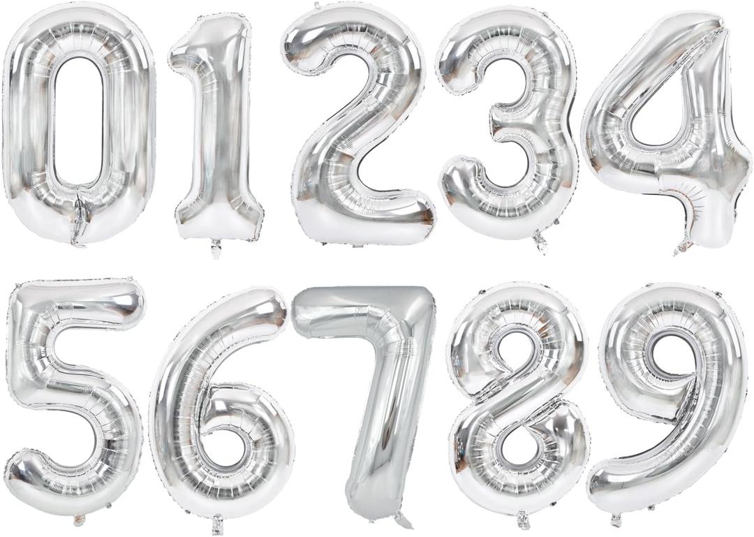 TONIFUL Balloons 16 Inch Silver 0-9 Number Mylar Foil Balloons 10 Pcs Silver Custom Digital Balloons for 2026 New Year Eve Birthday Party Engagement Graduations Anniversary Baby Shower
