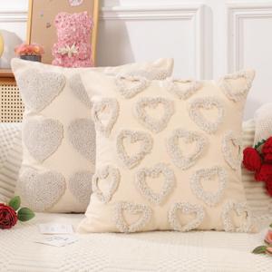 Valentines Pillow Covers 16x16 inch Set of 2 Valentines Day Decorations Beige Hearts Decorative Throw Pillow Covers for Bedroom Sofa Holiday Festivals Home Decor