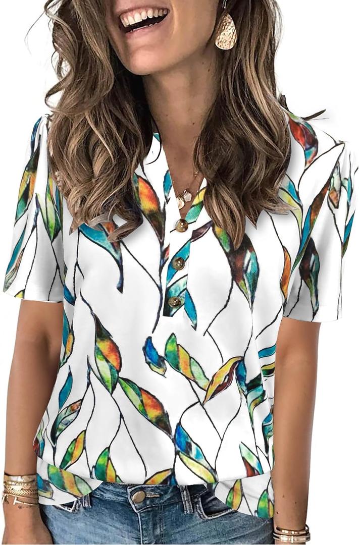 Womens Tops Summer 2025 Short Sleeve Casual Shirts Fashion Loose Fit Clothes (Medium, Colorful Leaf)