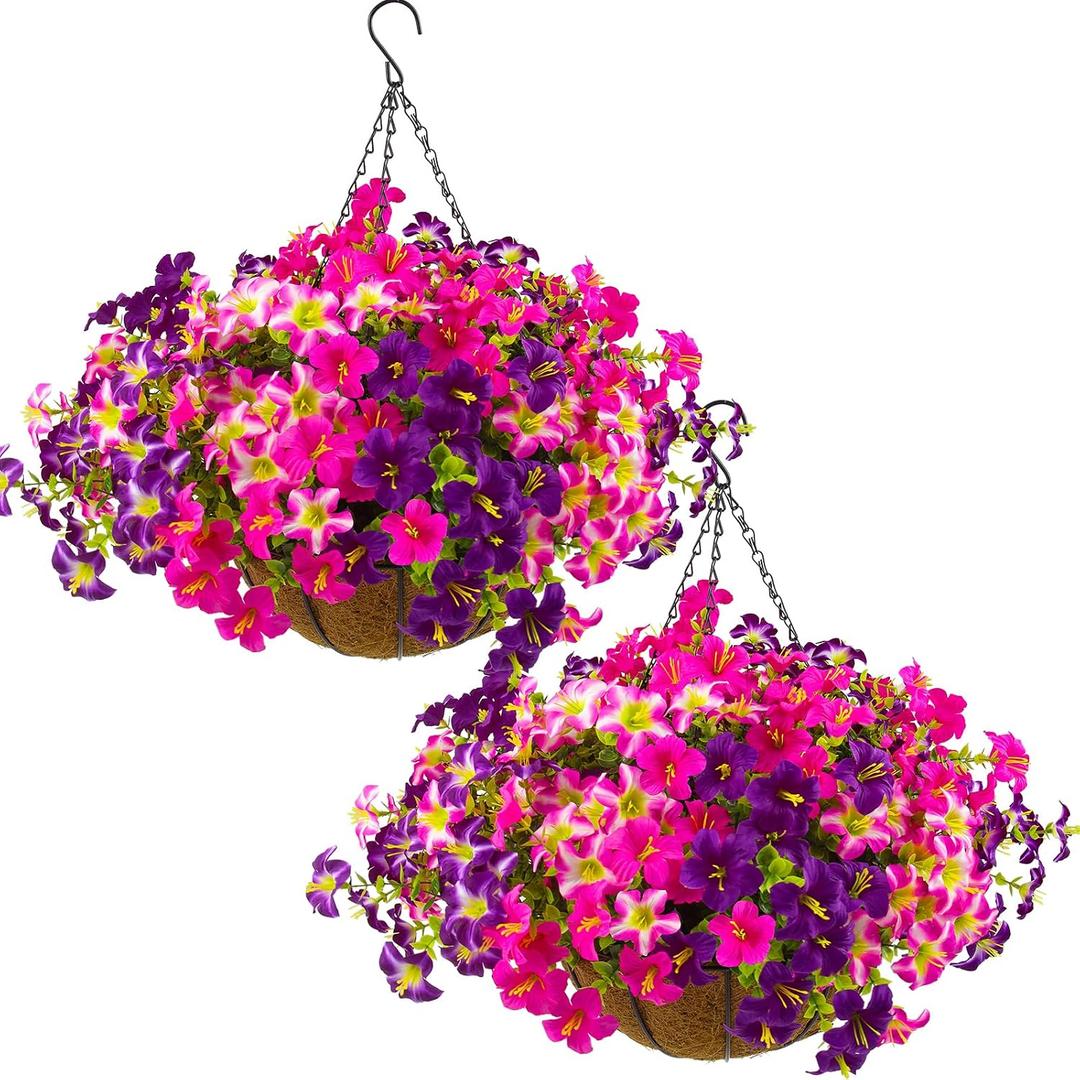 2 Set Artificial Outdoor Petunias Flowers with Hanging Baskets, 24 Pcs UV Resistant Faux Petunias Flowers with Hanging Planter for Front Door Porch Spring Outside Decor (2, RoseRed,RedViolet)