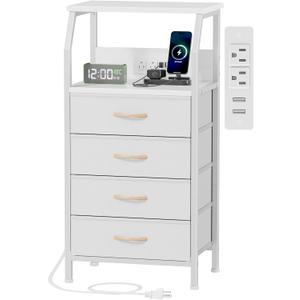 Furnulem Night Stand with Charging Station, Dresser with PVC & Fabric Drawers, 33.3 Inch Side Table with Open Shelf, Tall Bedside Table for Closet, Entryway, Bedroom Furniture, 3 Ways to Use, White