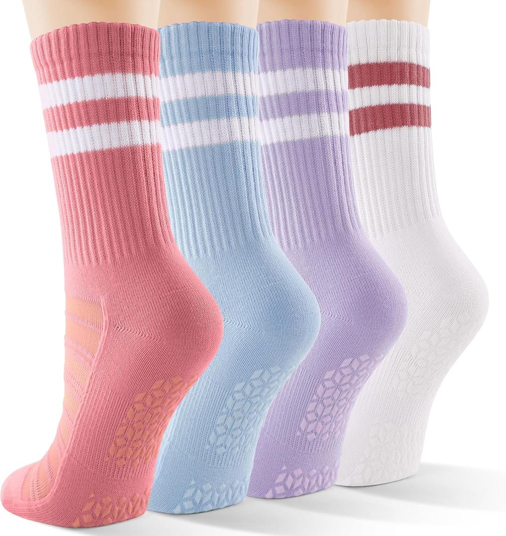 CS CELERSPORT Pilates Socks for Women, 4 Pairs Yoga Crew Non Slip Grip Socks for Barre Hospital Gym (S)