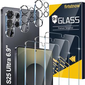 firtstnow 3 Pack Glass Screen Protector for Samsung Galaxy S25 Ultra [6.9 inch] + 3 Pack Camera Lens Protector, 9H Tempered Glass, Fingerprint Unlock, HD Clear Case Friendly Anti-Scratch