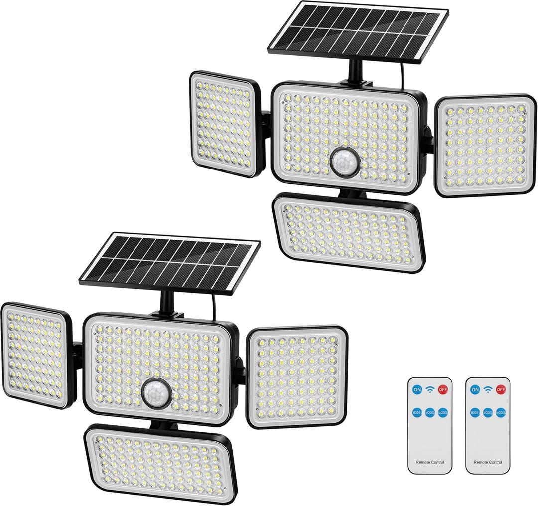 3000Lumen Solar Flood Lights Outdoor, 4 Heads 6500K Motion Sensor Light with Remote Control 3 Modes, IP65 Waterproof 270 Security Flood Lights for Garage, Yard, Wall,Driveway (White)