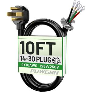 POWGRN 30 Amp 4 Prong Dryer Cord 10 FT Black, 10/4 Gauge Appliance Dryer Power Cord NEMA 14-30P to 4-Wire, Pure Copper Wire, ETL Listed