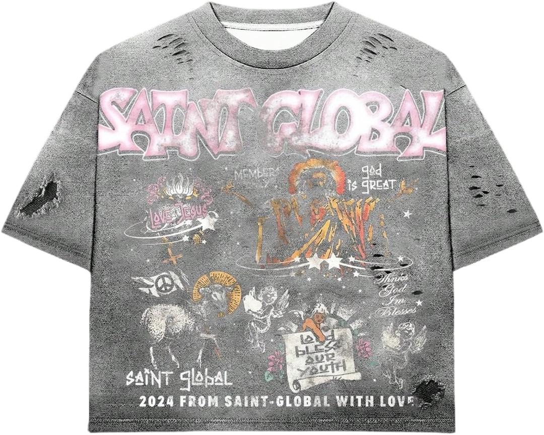 GORGLITTER Men's Letter Graphic Washed Tops Ripped Tees Short Sleeve Crewneck Street T-Shirts (Gray, L)