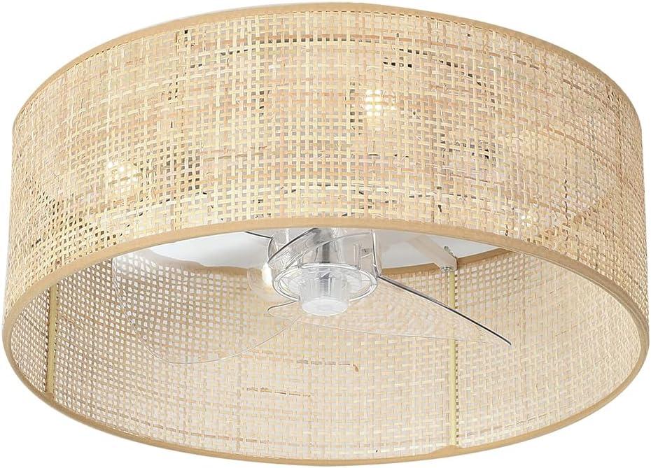 Bamboo Small DC Ceiling Fan with Light Fixture and Remote Control,Boho Enclosed Wicker Caged Flush Mount Rattan Cage Drum Low Profile Fandelier for Kitchen Nursery Bedroom Indoor Office Dining Room