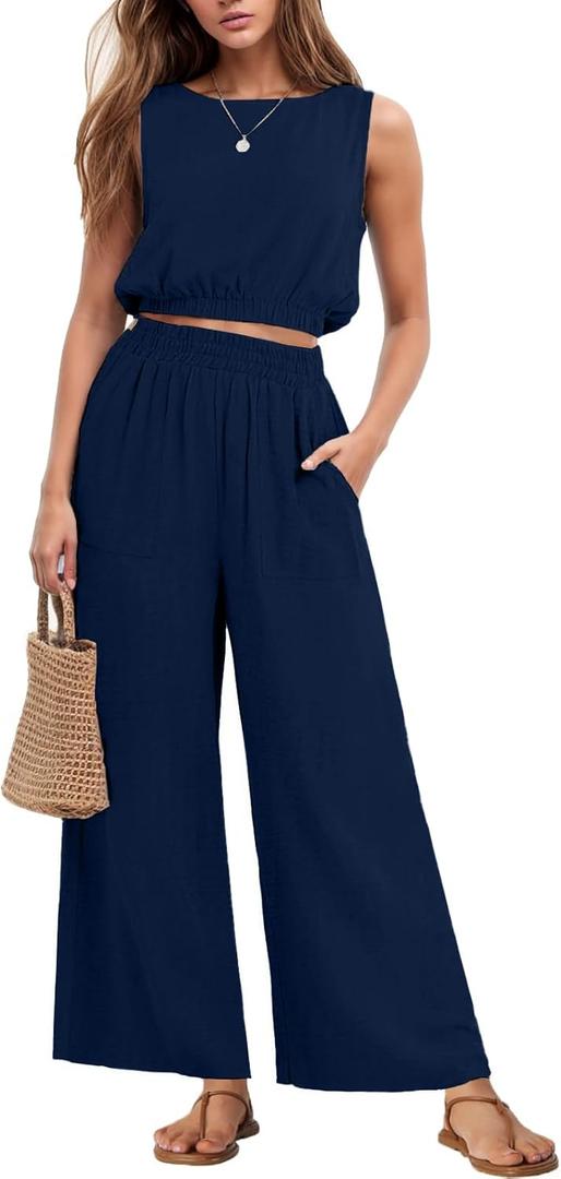 GRECERELLE Two Piece Sets for Women Sleeveless Crop Top Wide Leg Pants Sweat Set for Women Tracksuits 2026 Summer (M)
