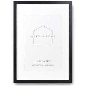 Airy Abode Premium Black Wood Picture Frame 11x16 Matted to 8x12 - Pick Your Size and Color