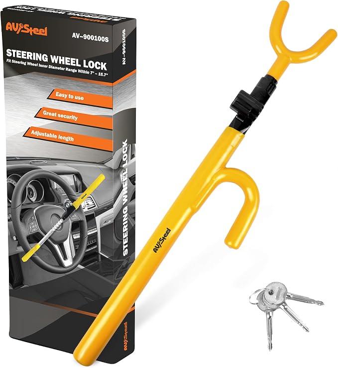 AV Steel Steering Wheel Lock Anti-Theft Car Device, Universal Wheel Lock for Car, Visible Car Steering Wheel Car Lock, Adjustable Steering Wheel Lock for Cars Trucks Vans and SUVs with 3 Keys