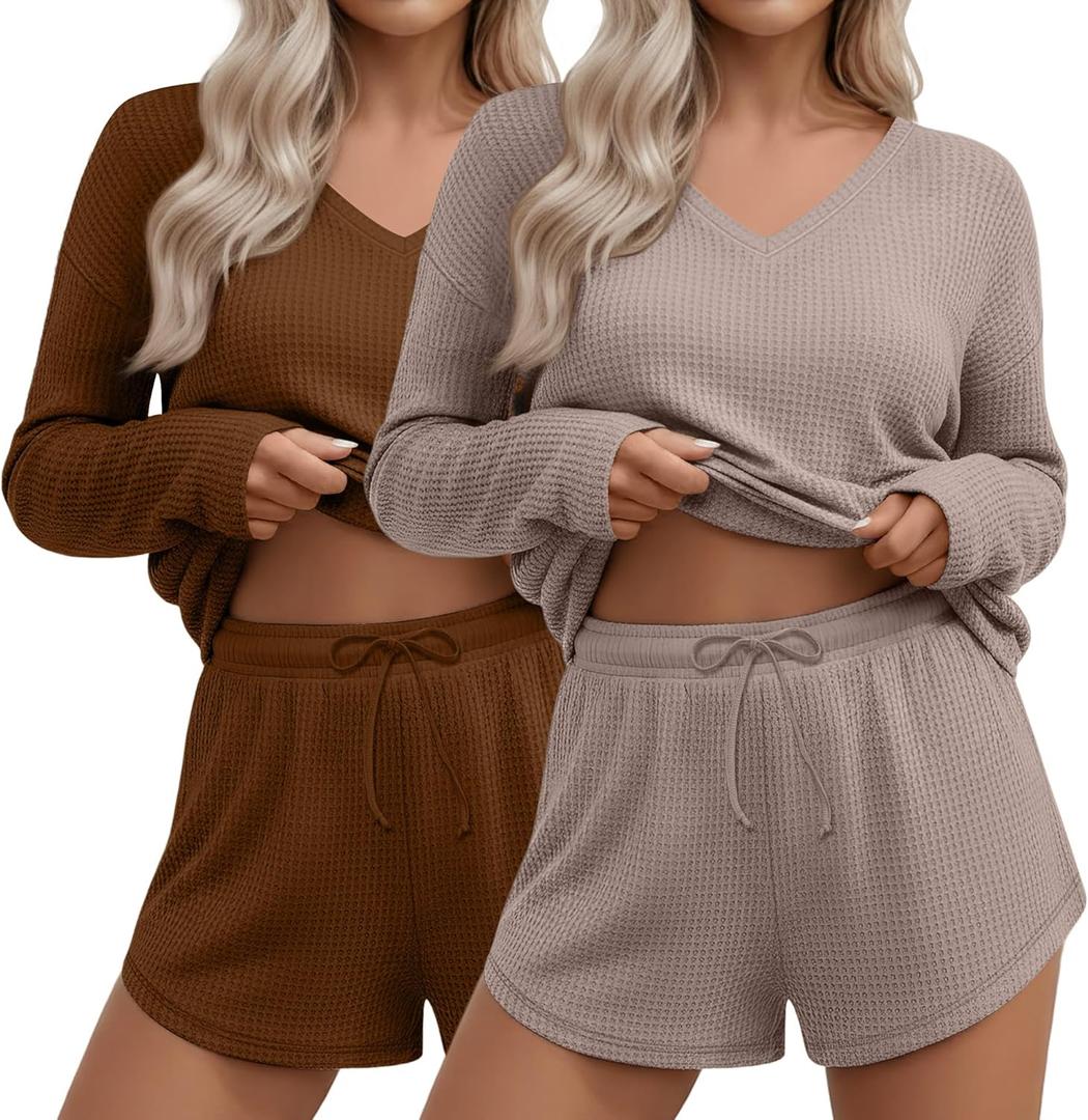 2 Pack Women's Waffle Knit Lounge Sets Long Sleeve V Neck Pajama Sets Tops and Shorts Loungewear with Pockets (Medium, Caramel, Khaki)
