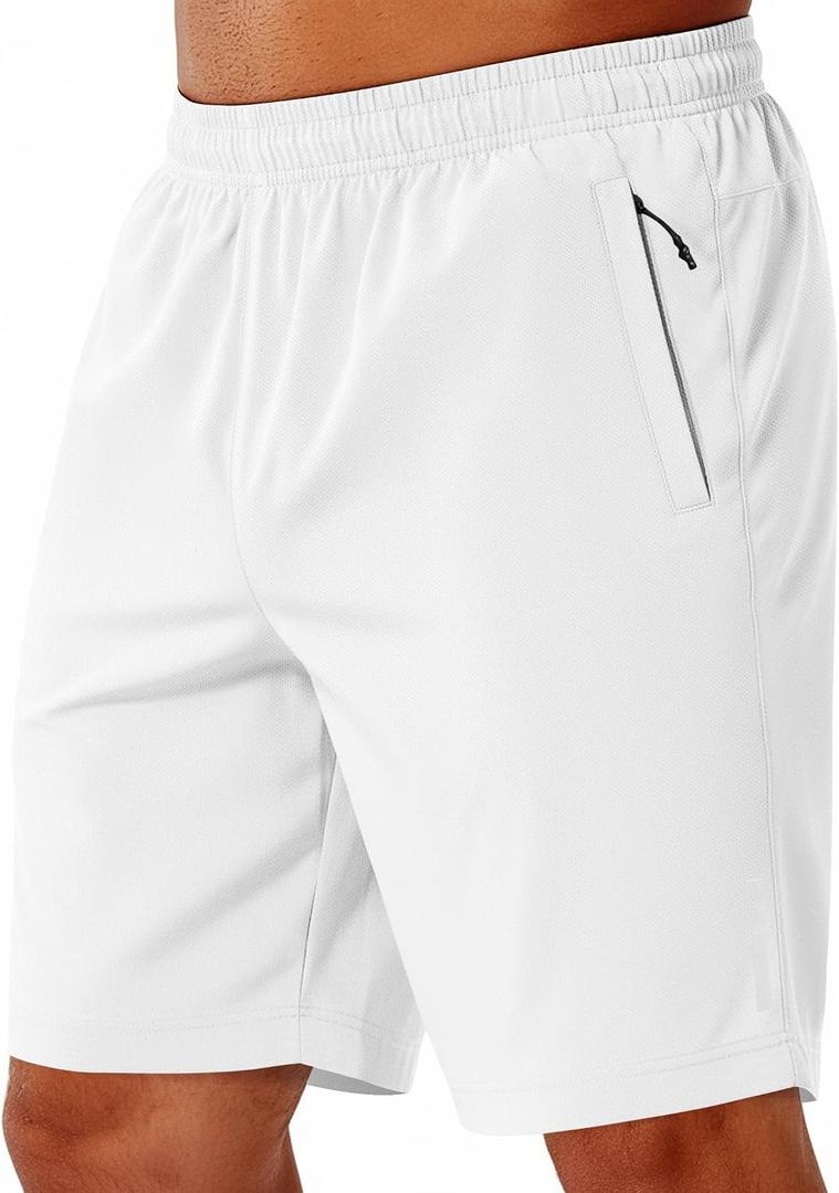 COOFANDY Mens Athletic Running Shorts 9" Lightweight Quick Dry Drawstring Mesh Gym Shorts with Zipper Pockets (White) M