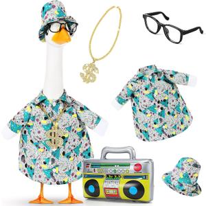 80s/90s Porch Goose Outfit Bucket Hat with Sunglasses Faux Gold Chain Summer Goose Outfit for 17''/23'' Porch Statue Garden Patio Statue Art Decor