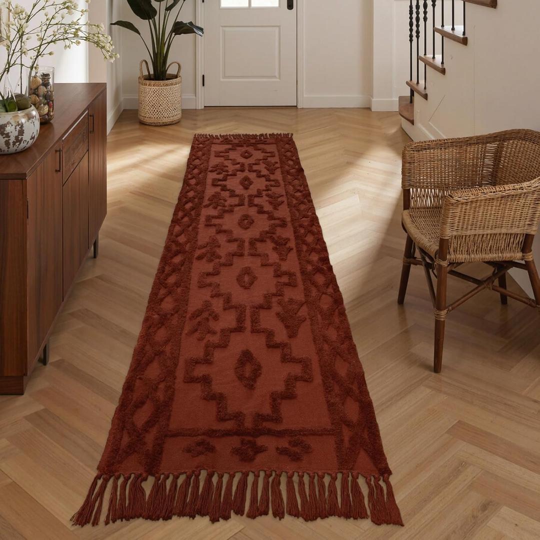 Uphome Boho Runners for Hallways 2.6' x 10', Washable Farmhouse Entryway Runner Rug, Cotton Tufted Bedroom Runner Rugs, Bohemian Tribal Aesthetic Rug for Kitchen Doorway Bathroom, Terracotta