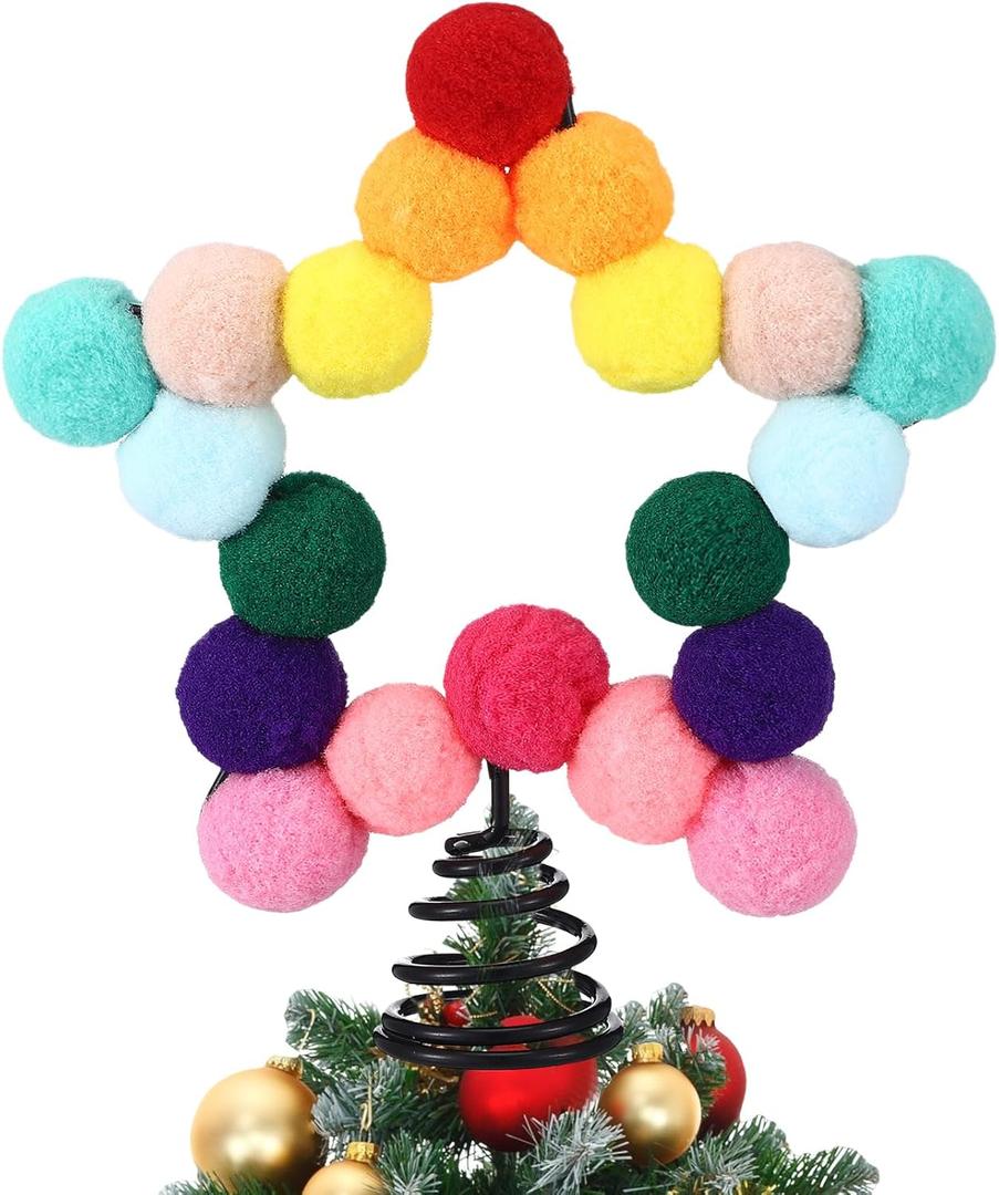 Rainbow Mini Felt Ball Star Christmas Tree Topper Small Colorful Pom Pom Felt Ball 4.7 x 5.9 Inch Tiny Xmas Tree Topper Colorful Five Pointed Star Xmas Ornaments for Decoration
