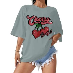 Hilinker Women's Oversized T Shirt Graphic Tees Short Sleeve Shirts Summer Casual Loose Tops (Green Cherry)