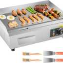 VEVOR Commercial Electric Griddle, 21.06 x 11.81 inch, 3200W, 122-570°F Adjustable Temp Control, Stainless Steel Body, Full Flat, with 2 Spatulas, 2 Brushes, and 4 Foot Pads, for Steak, Pancake