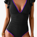 Women's One Piece Ruffle Swimsuit Tummy Control Bathing Suit V Neck Shell Stitched Swim Suit Slimming Swimwear, XL