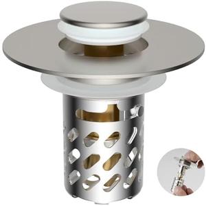 iFealClear All Metal Bathroom Sink Stopper, Pop Up Sink Drain Strainer with Removable Stainless Steel Filter Basket, Universal for 1.1"-2.36" US Sink, Brass Bounce Core, Hair Catcher, Brushed Nickel
