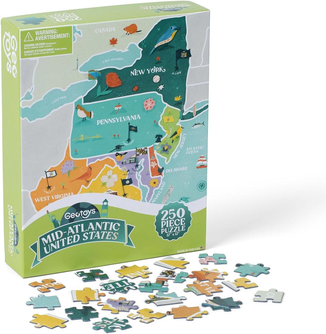 Geotoys Mid-Atlantic Region Jigsaw Puzzle - 250 Piece Puzzles for 8 Year Olds - Jigsaw Puzzles for Kids Ages 8-12 Years Old - Kids Puzzle Games with Colorful Landmarks