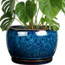 SQOWL 10 Inch Plant Pot - Ceramic Planter Pot with Drainage Hole and Saucer, Decorative Plant Pot for Indoor Outdoor Plants, Round Large Planter Flower Pot, Blue