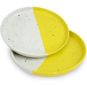 roro Handmade Ceramic Appetizer Plates Set of 2-7 inch Speckled White & Lemon Yellow Plates- Ideal for Tapas, Sushi, Citrus Desserts - Lead-Free, Cadmium-Free - Microwave & Dishwasher Safe