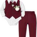 SANMIO Baby Boy Clothes Suits Infant Gentleman Outfit Collared Dress Shirt,Vest,Tie,Corsage,Pants 5Pcs Baby Suit Sets, 0-3 Months Red