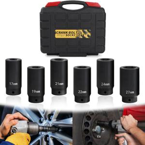 6 Pack 1/2" Crank Bolt Socket Set,17MM, 19MM, 21MM, 22MM, 24MM 27MM, Harmonic Balancer Socket Set, 3 Times Momentum Power of Standard Impact Socket Set,Crank Bolt Removal Tool