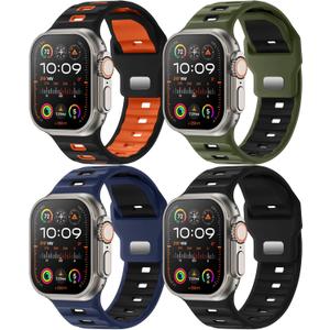 4-Pack Sport Bands Compatible with Apple Watch Ultra 3/Ultra 2/Ultra Band 49mm 46mm 45mm 44mm 42mm for Men, Waterproof Silicone Strap Soft Breathable Wristband for iWatch Serise 11 10 9 8 7 6 5 4 3 SE3/SE (OliveGreen Black/NavyBlue Black/Black Orange/All Black)