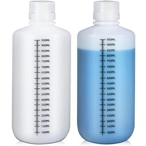 32oz/1000ml Narrow Mouth Plastic Bottles with Caps, HDPE Laboratory Grade Graduated Liquid Containers for Reagent Sample Medicine Water Storage (Translucent, 2 Pcs)