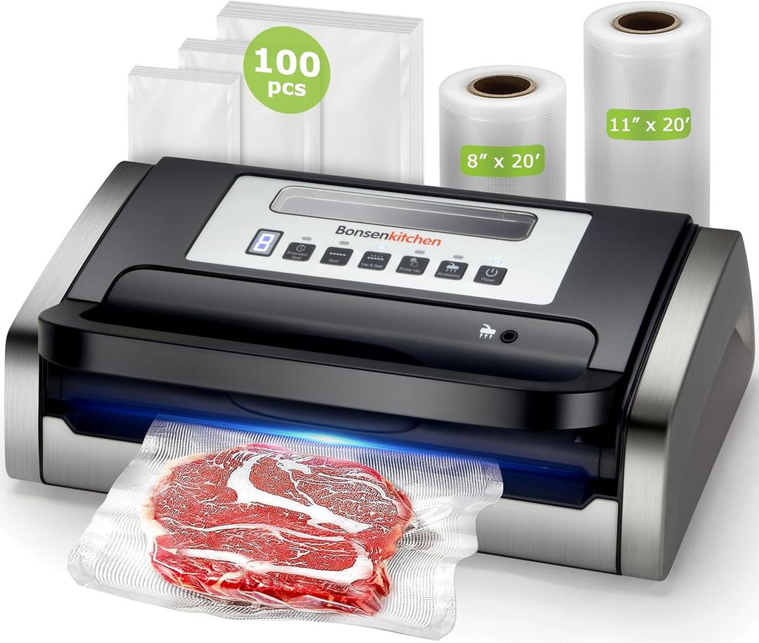 Bonsenkitchen Vacuum Sealer Machine, Powerful Low-Noise Food Vacuum Sealer for High-Speed Continuous Working, Handle Locked Design, Built-in Cutter, 2 Bag Rolls + 100 PCS Vacuum Bags (Bright Black)