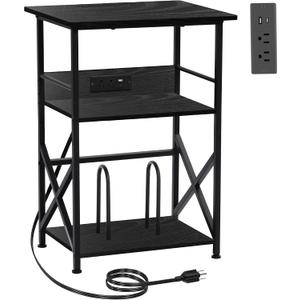 DALEMHOME Record Player Stand with Charging Station, 3-Tier Side Table for 100 Vinyl Storage, End Table for Living Room, Bedroom, Black HKET1002BK, 18.9" W x 15.8" D