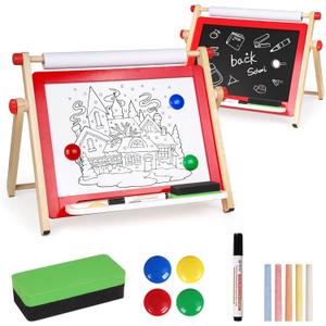 Kids Art Easel, Tabletop Easel for Kids,Wooden Double Sided Kids Easel with Magnetic Whiteboard,Chalkboard and Paper Roll,Great for Girls Boys Ages 3 4 5 Gift