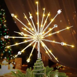 Christmas Tree Topper 15 inch Battery Operated Mid Century Vibe Retro 3D Lighted Starburst Tree Topper Decorations with Crystal and 19 Twinkle Lights(Silver)