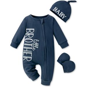Baby Boy Clothes Letter Print One Piece Romper Baby Coming Home Outfits with Hat Newborn Boy Outfits (Navy Blue)