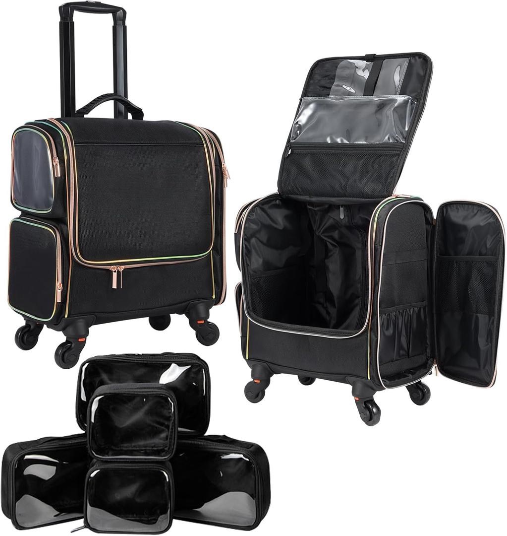 Stagiant Rolling Makeup Train Case, Professional Makeup Case, Travel Cosmetic Organizer Make Up Storage Bag for Makeup Artist, Hairstylist, Barbers, with 5 Toiletry Bags, Black